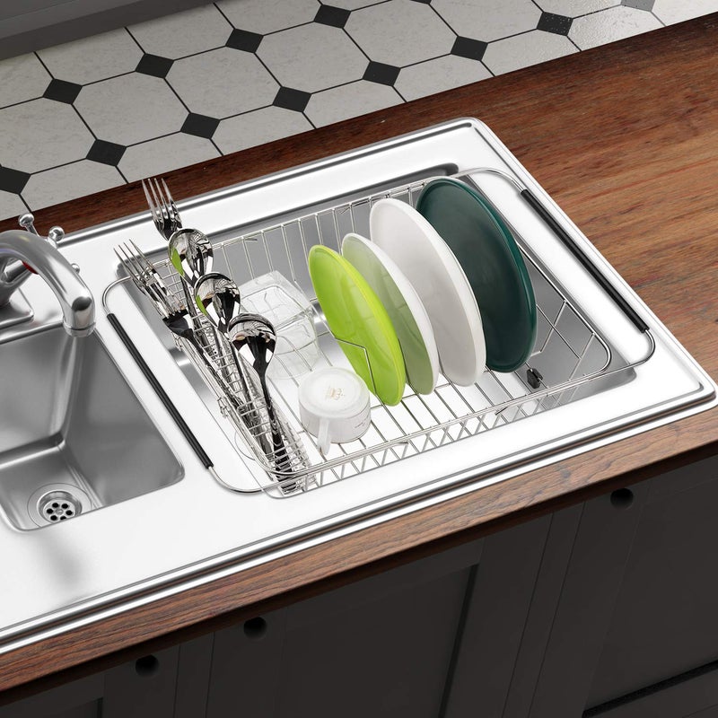 Slideep Expandable Dish Drying Rack, Stainless Steel Over The Sink Dish Rack, in Sink or On Counter Dish Drainer with Stainless Steel Removable Utensil Holder - Image 5